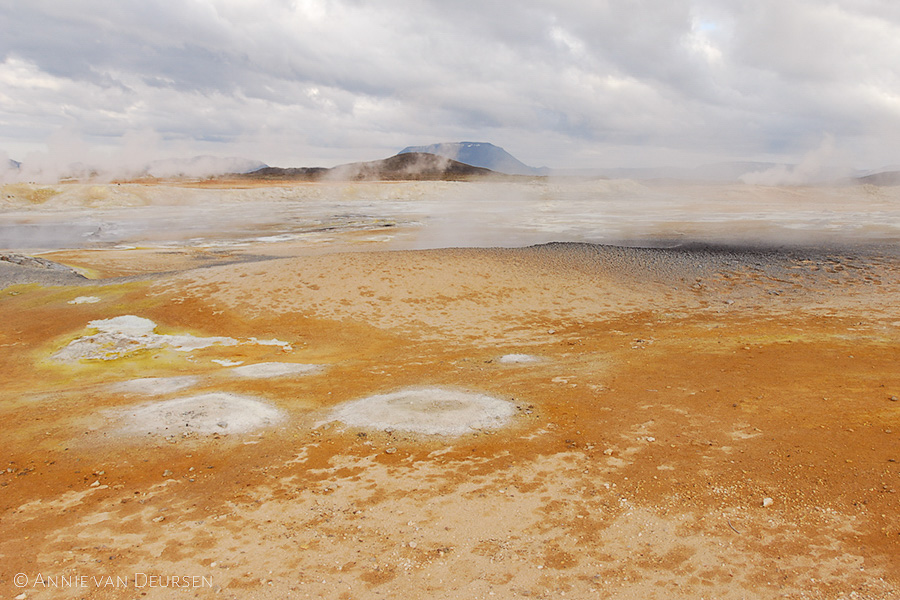 Solfatarenveld (hete bronnen gebied) Hverir (Námaskarð) bij Mývatn in IJsland. Hot spring area.